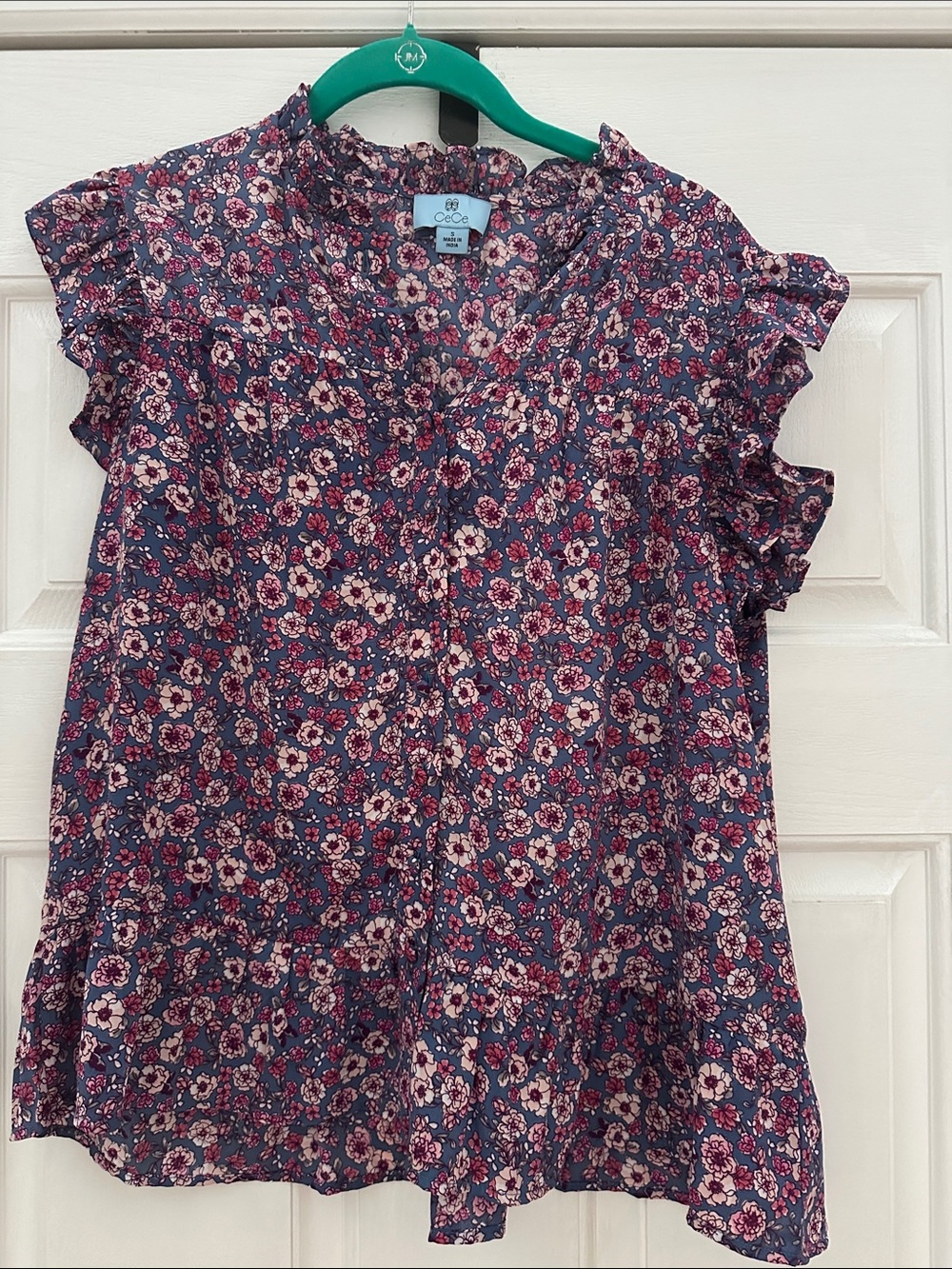 CeCe Navy Floral Ruffle-Sleeve Blouse